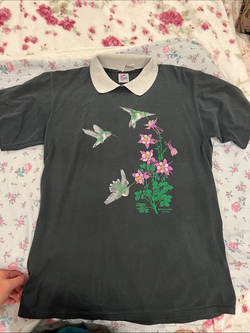 Vintage Hummingbird Graphic Polo Tee - Black